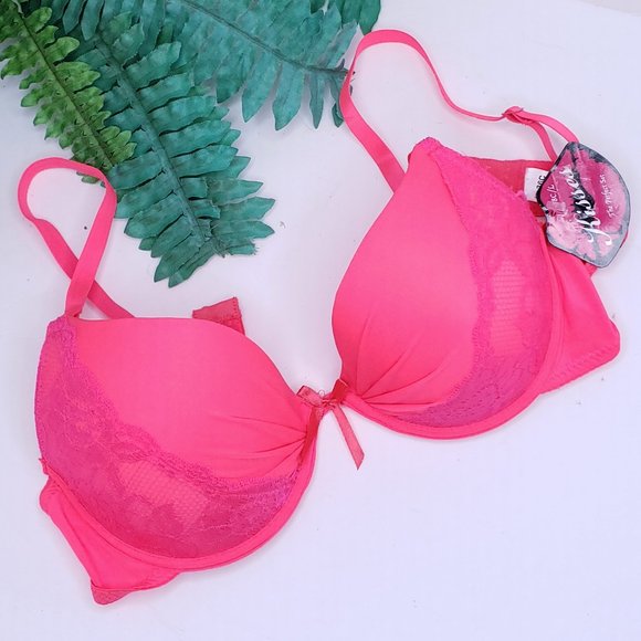 new 36C Bra Neon Pink Orange Lightly Padded Lace Underwire Push Up Bra 36C - Picture 1 of 11